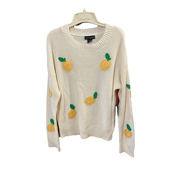 CYNTHIA ROWLEY Lemon Sweater Sz M New Ivory Crochet Fruit Embordered Cute - Picture 1 of 7